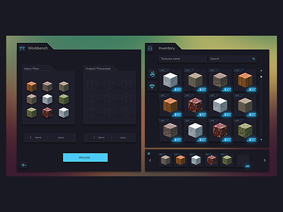 UI Workbench and Inventory screen available computer games cubes digital art game game design game designer graphic design inventory screen isometric isometric design photoshop ui ui inventory ui workbench and inventory user interface user interface designer vector workbench