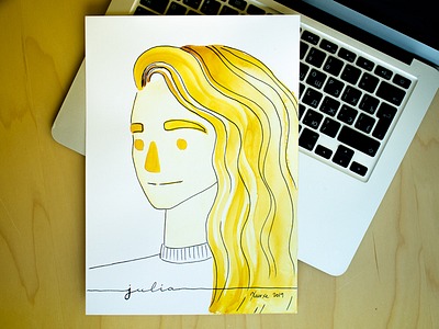 Julia black illustration ink portrait quinacridone gold traditional art watercolor yellow