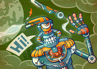 Hi Bot alien cartoon illustration robotic robots