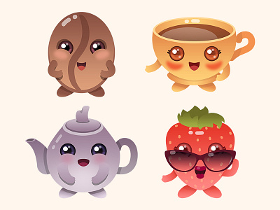 Characters For The Site characters coffee cup of tea illustration site strawberries teapot