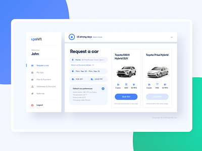 Upshift - Car request app blue booking cars components dashboard design design system desktop driving experience inputs interface product product design ui user ux visual web