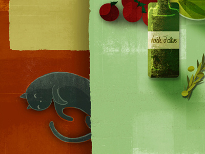 huile d'olive & cat illustration kitchen textured vector