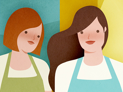 Friends in the kitchen aprons faces illustration kitchen women