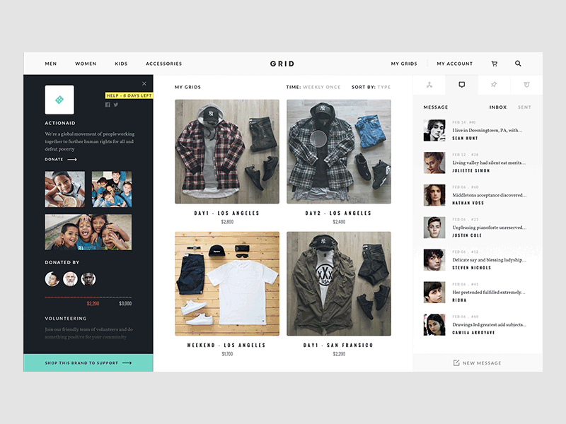 Grid - Profile with Donation Interaction ecommerce experience fashion grid interaction principle product shop store ui web website
