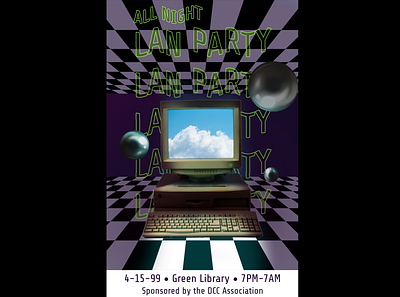 90's/00's College Lan Party Poster Design 1990s 2000s 90s aesthetic all balls blue board checkered college computer dccrog green lan metal neon night party poster sky