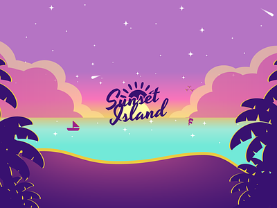 Sunset Island YouTube Banner beach blue boat bushes clouds dolphins gradient illustrator island ocean purple shooting sparkles stars starship sun sunset trees water yellow