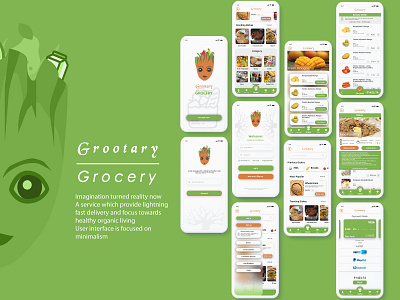 Grootary Grocery app branding design grocery groot illustraion mobile ui organic ui uidesign uiuxdesign user interface ux vector web
