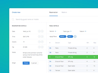 Create Reservation Overlay app dashboard flat forms mobile