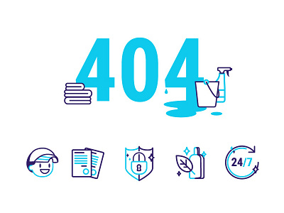 Icons for cleaning company 404 error 404 page blue blue and white cleaning icons icons set illustration