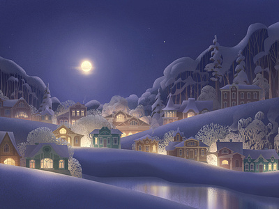 Winter landscape art illustration snow town winter