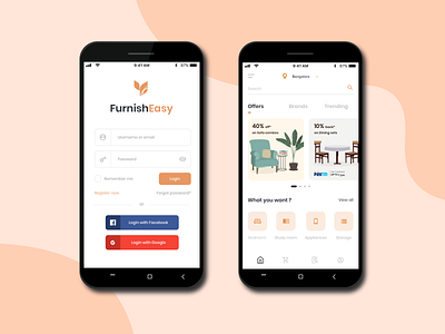 FurnishEasy adobe illustrator app design appliances branding colors design furniture app home screen homepage icon illustration login screen offers sign in form sign up sketchapp ui ux vector