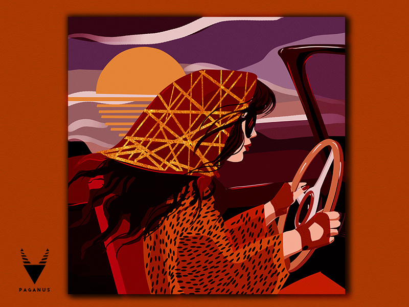 girl in red car vector simple minimal design freedom power woman free travel sun illustration red car