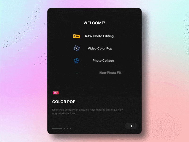 Onboarding of Color Pop App 2022 animation branding design icon animation logo animation motion graphics onboarding photo editing top trendy ui ui animation