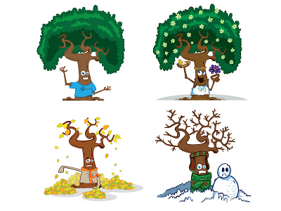 Tree going through weather cycle cartoon design illustration vector