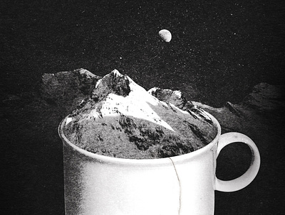 My cup of tea. alps blackandwhite collage design illustration moon mountains night peak poster print snow tea