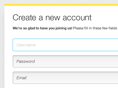 Create a new account form grey helvetica neue input liveforfame yellow