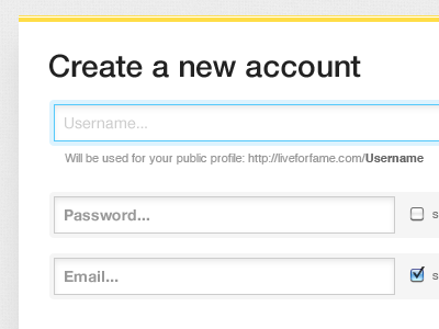 Create account rebound form grey helvetica neue input liveforfame yellow