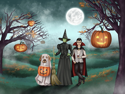 Happy Halloween 🎃👻 2d dog fog forest graphic design halloween happy halloween illustration moon night pumpkin vampire witch