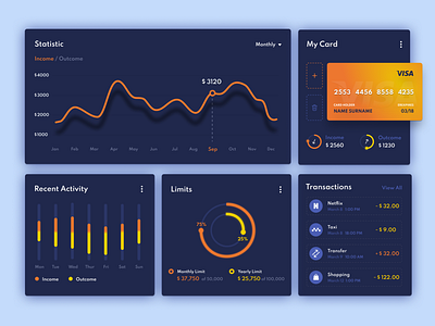 Financial Dashboard - UI Kit activity credit card dashboard dashboard design dashboard ui design icons income outcome statistic typography ui ui kit ux visa