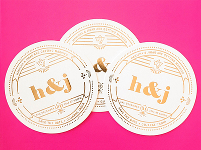 hnj Save the Date; printed coasters gold foil icons indian marriage press print save the date seal stamp vector wedding