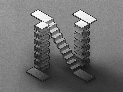 Typefight N black and white blackletter escher illustration lettering perspective vector