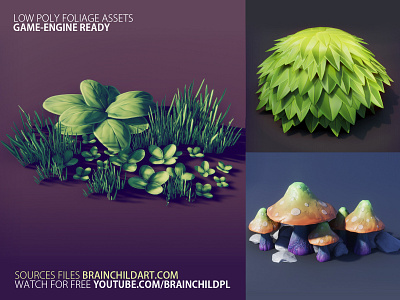 Game-ready 3d Assets - Foliage | Mushroom, Bush, Grass & Plants 3d game design blender bush cartoon foliage game art game asset game assets game design game ready grass low poly mushroom pbr pbr game art plant plants stylised substance painter unity