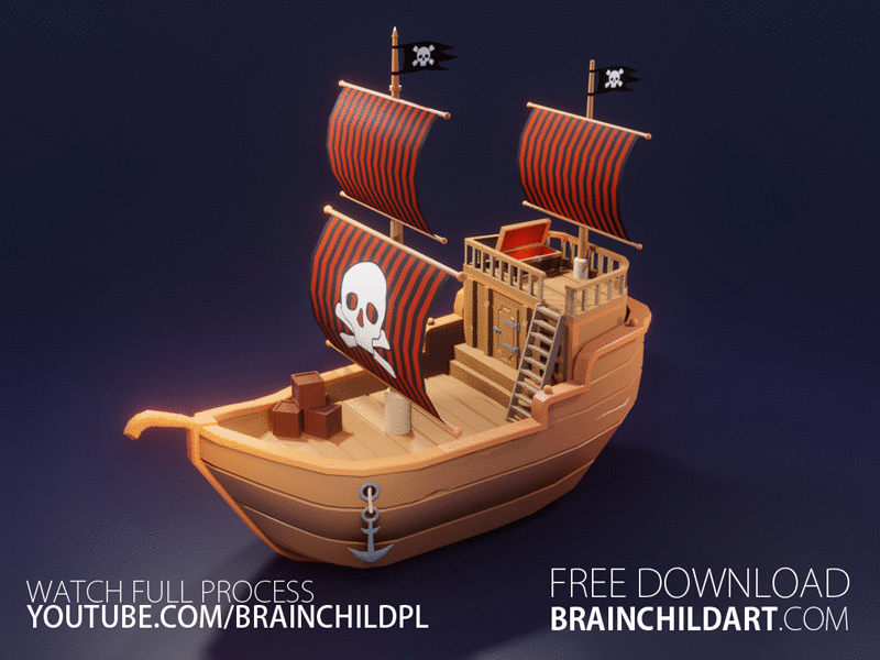 Brainchildart.com - FREE 3d Model Pack - .blend files 3d artist 3d model 3d modeling blender cannon clean free game art game model golem low poly art lowpoly pbr pirate render rock ship simple stylised texture