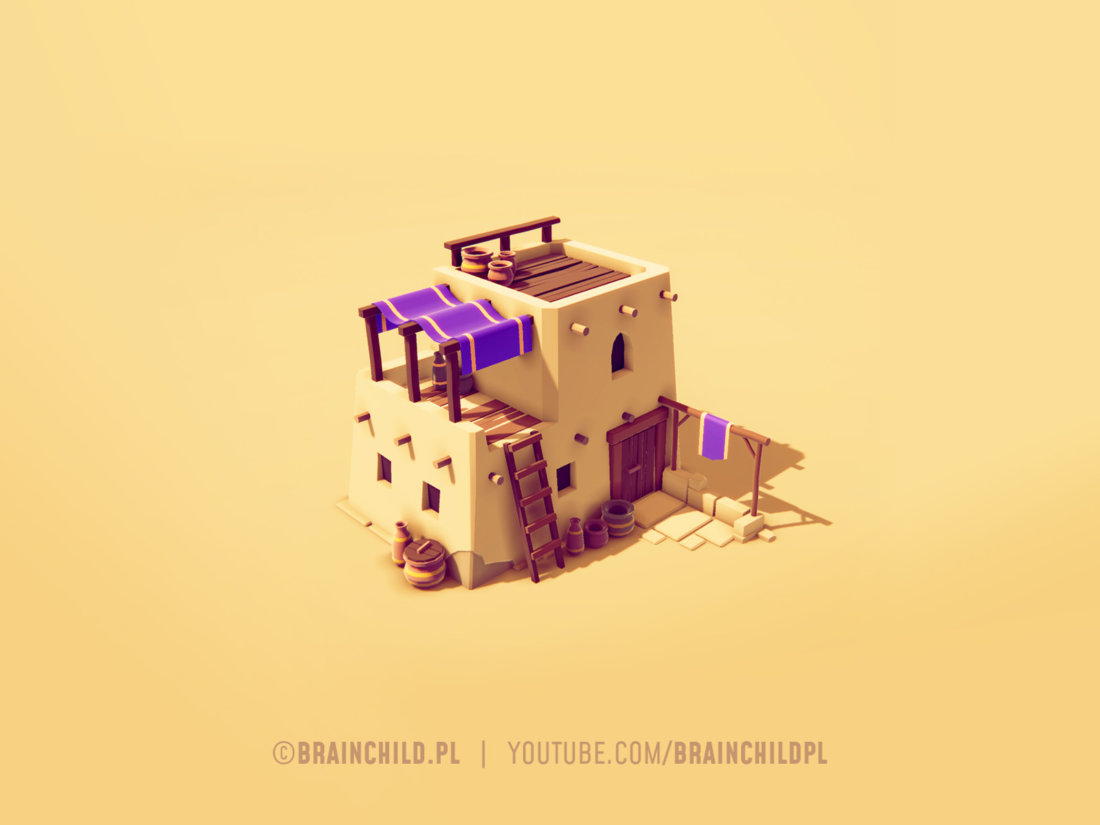 low poly desert house - Youtube.com/brainchildpl 3d b3d bledner brainchild clean concept art desert design game graphic design house hut icon illustration low poly lowpoly modeling tiny tutorial