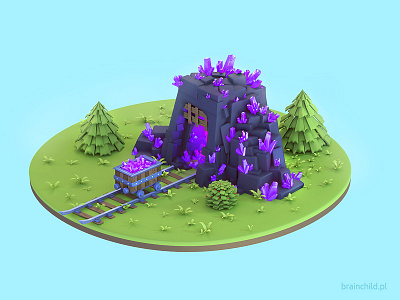 Crystal mine - Pre-rendered 3d Game Building 3d building crystal game icon low poly lowpoly mine mobile purple tree