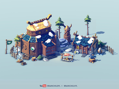 Cartoon 3d Viking Buildings (low poly & game-ready)