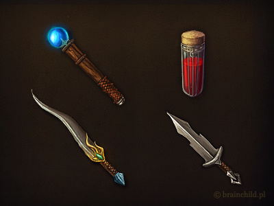 wand, hp potion, dagger & short sword