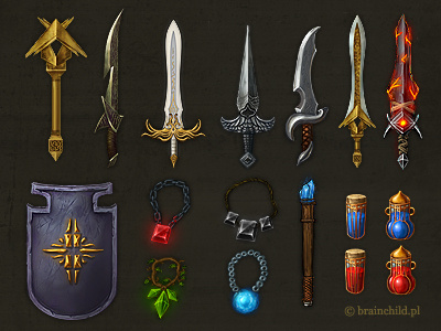 the set of items rings swords amulets potions potion daggers dagger concept concept art shield shields ring item game item game gold coin brainchild brainchild.pl market box wooden anvil altar warlock trade rafał urbański rafal urbanski