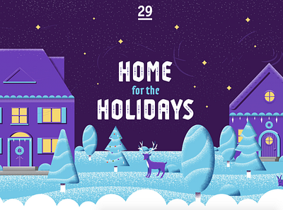 Home for the Holidays christmas christmas tree holidays holidayseason house illustration night purple reindeer snow stars texture winter wreath