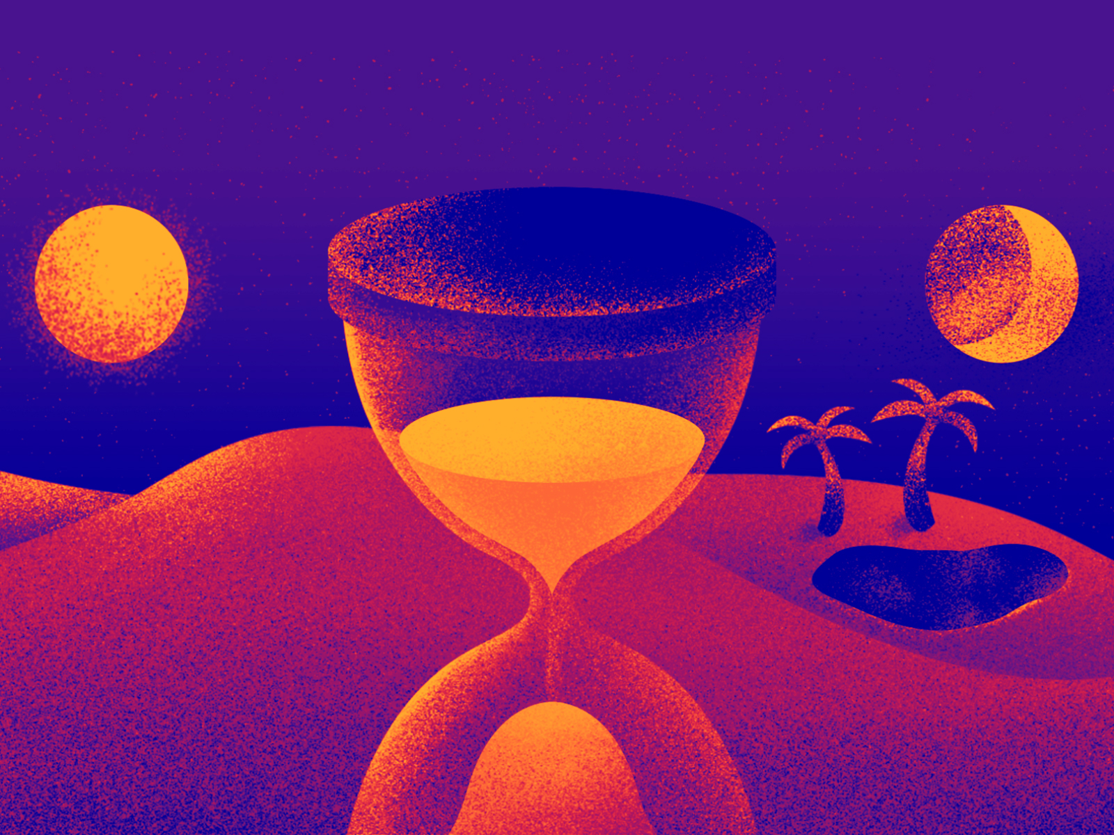 You Don't Have Time for Everything beach gradient hourglass illustration moon palm tree sand sun texture time