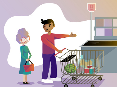 Grocery Line be nice cart checkout line friendly groceries grocery store illustration vector