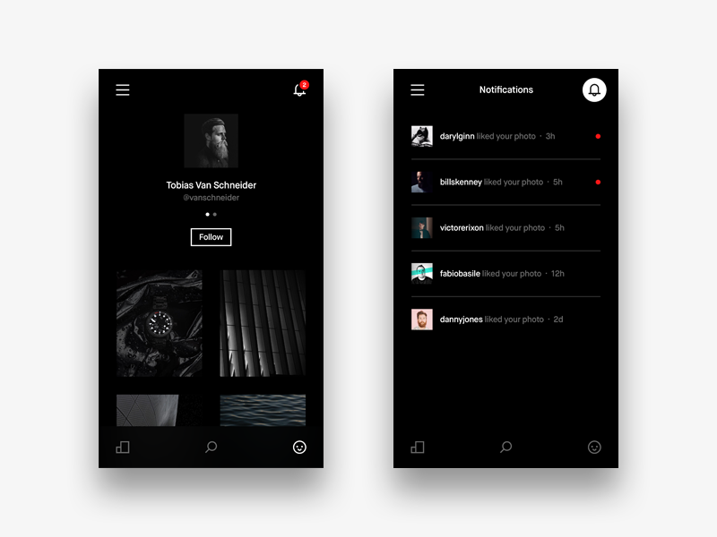 VSCO Dark Profile + Notifications by Ilya Miskov for Peppers on Dribbble