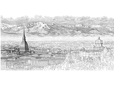 Turin black and white city classical drawing engraving etching illustration retro scratchboard vintage