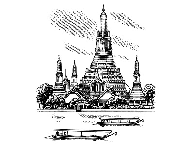 Bangkok city engraving etching illustration retro vintage