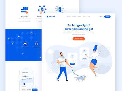 Walleee App Landing Page bitcoin crypto crytpocurrency illustrations landing page mobile app ui design