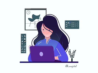 Flat Illustration- Girl with a Laptop