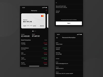 Memento balance bank app bank card banking clean credit card dark mode finance finance app fintech ios money transaction wallet
