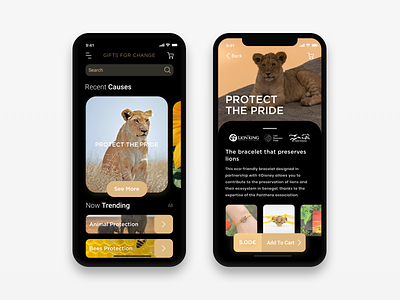 Concept App - Gifts For Change - Dark Mode app appdesign black brand dark dark mode gold lion mobile app mobile ui ui uidesign