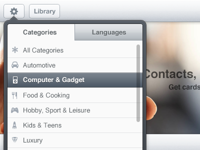 Category popup grey ipad app light popup menu ui