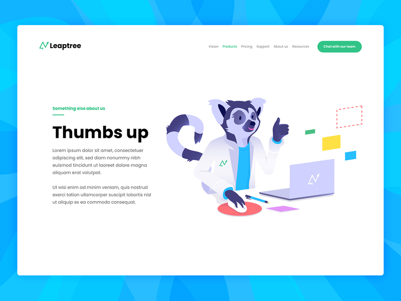Leaptree - thumbs up branding character character design illustration lemur web design website