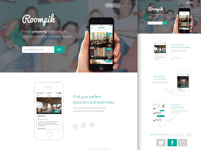 Roompik Landing Page app clean design design ios landing page mobile responsive social spare room web