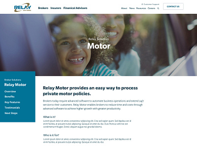 Relay Motor for Brokers - Solution Page blue clean features mobile software sticky nav tablet white
