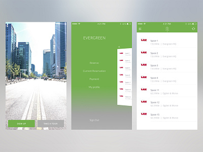 Evergreen menu mobile mobile app mobile parking app parking app sign up screen ui ux