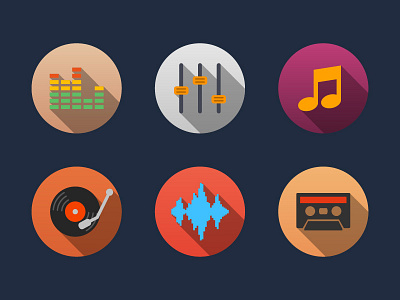 Music Flat Icons app flat icons interface long shadow metro mobile music music icons ui vector web icons