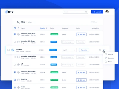 Interview platform Invi - Transcription Dashboard ui ux