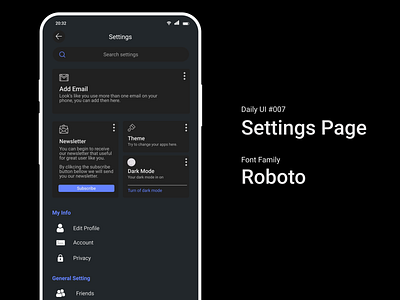 Settings Page :: Daily UI 007 007 clean clean ui dailyui dailyuichallenge darkmode mobile purple settings